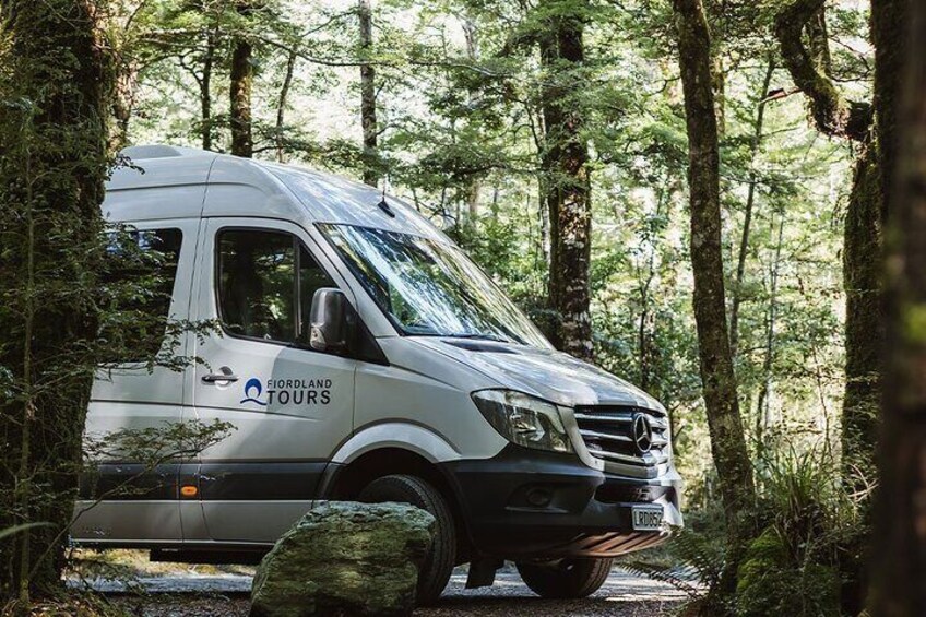 En vit skåpbil med texten ”Fjordland Tours” på sidan stod parkerad i en skog. 4