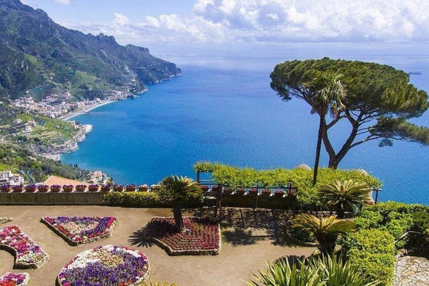 Un paisaje costero con vista despejada al mar, un árbol destacado y una serie de parterres de flores. 3