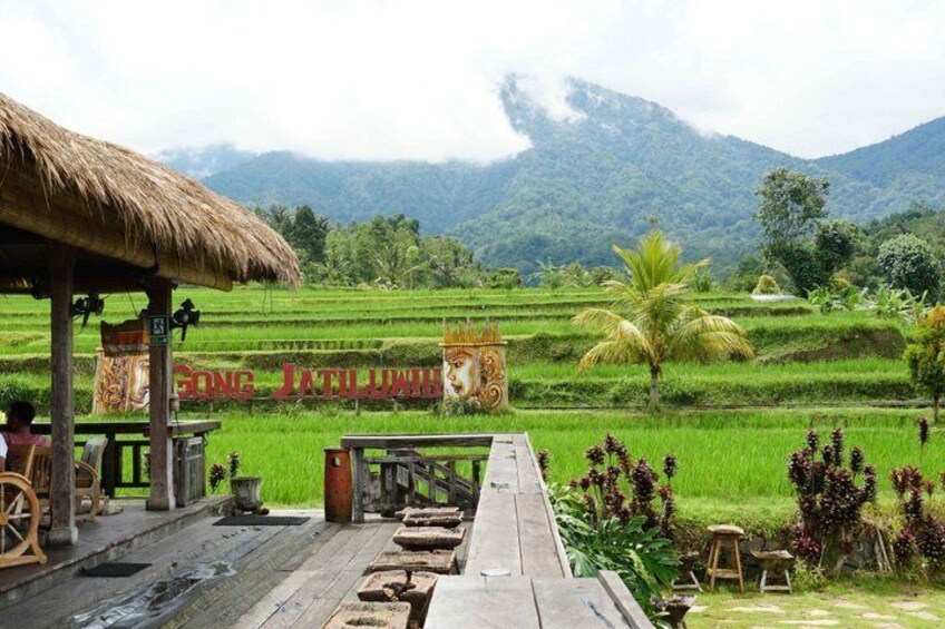 A rustic wooden deck with a thatched roof, a sign reading 'GONG JATUNNI,' and terraced rice fields in the background. 3