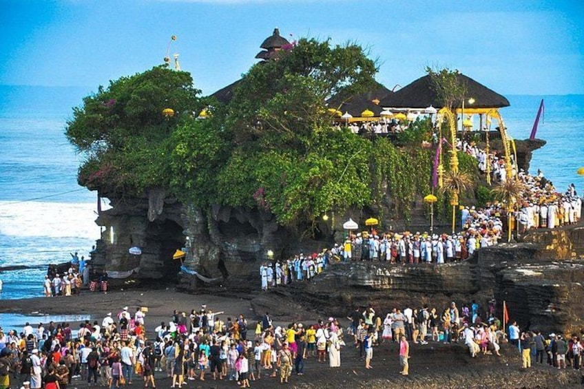 A rocky coastal area with a crowd of people, a structure with a thatched roof, and a clear view of the sea. 4