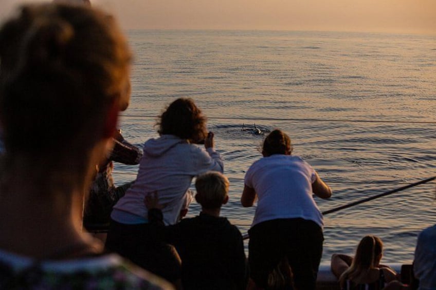 A group of people by the water during sunset. 2