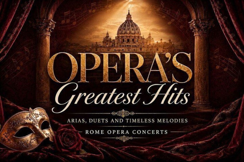 Werbeplakat für 'Opera's Greatest Hits' mit einem klassischen Gebäude, einer goldenen Maske und einer Rose. 1