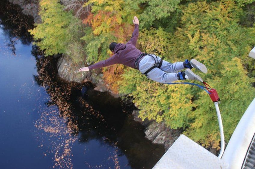 A person bungee jumping off a bridge over a river surrounded by autumn foliage. 1
