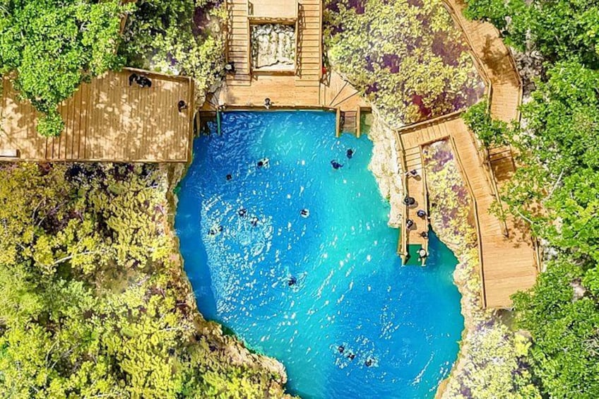 A large swimming pool surrounded by lush greenery and wooden walkways. 4