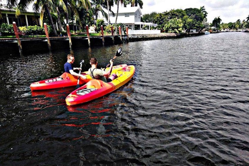 Two people kayaking on a river with a house and palm trees in the background. 3