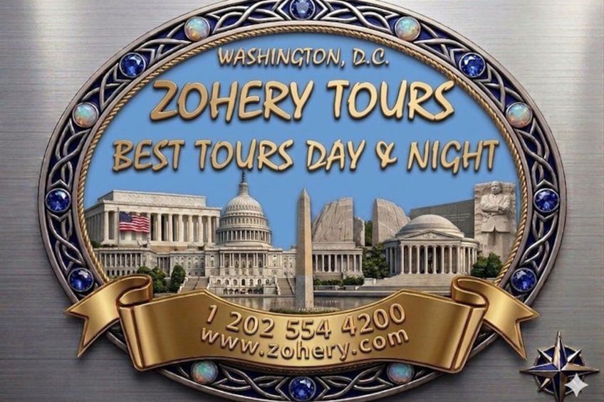 A sign for Zohery Tours in Washington, D.C., featuring landmarks like the Capitol and the Washington Monument. 3