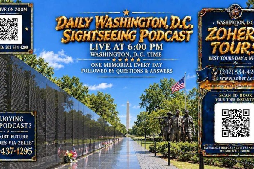 A memorial wall with names, a statue, and a QR code for booking tours. 4