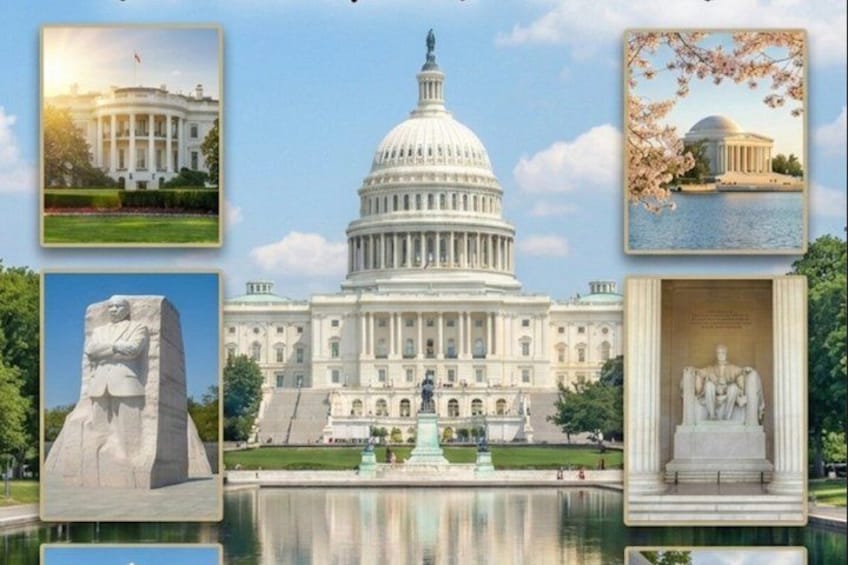 The United States Capitol building, a large white dome structure with a central staircase and a reflecting pool in front. 5
