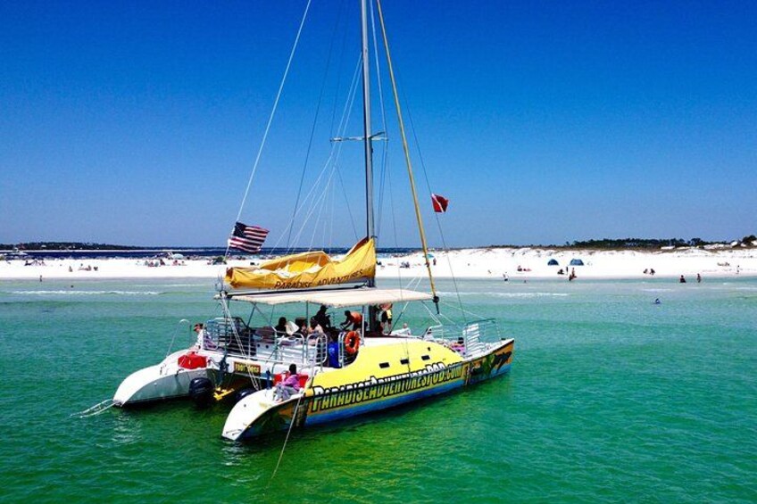 A yellow catamaran with a flag, sailing on turquoise water near a sandy beach. 5