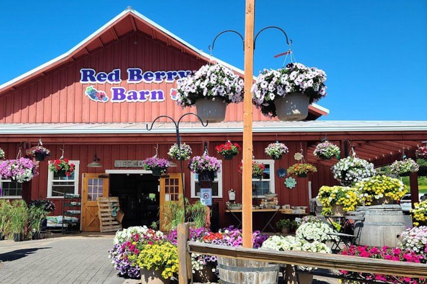 A Red Berry Barn with a red exterior and hanging flower baskets. 2
