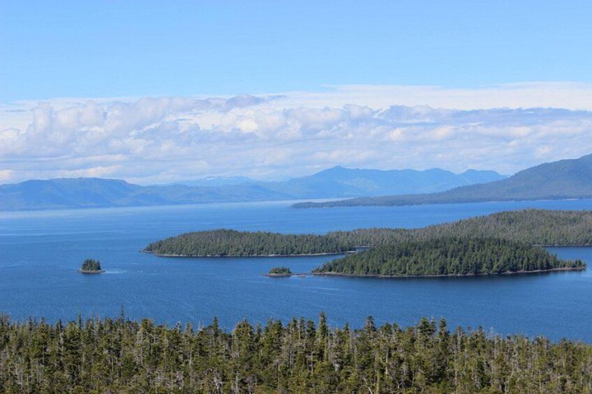 A large body of water with several small islands covered in dense forests. 5
