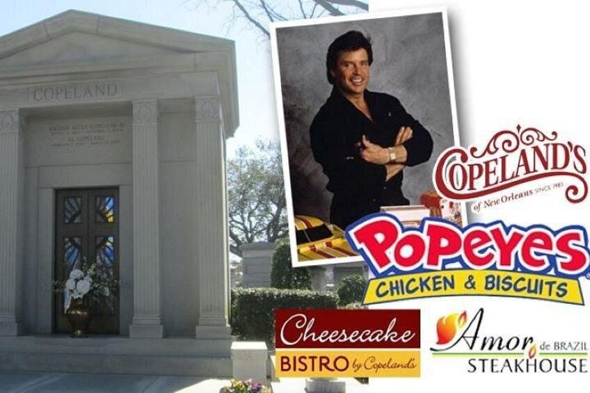 Un bâtiment avec une enseigne indiquant « Copeland », une personne en costume noir, et les logos de « Copeland’s Popeyes Chicken & Biscuits », « Cheesecake Bistro by Copeland’s » et « Amor de Brazil Steakhouse ». 4