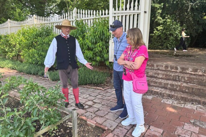 A garden with a white picket fence, brick pathway, and green plants. 4