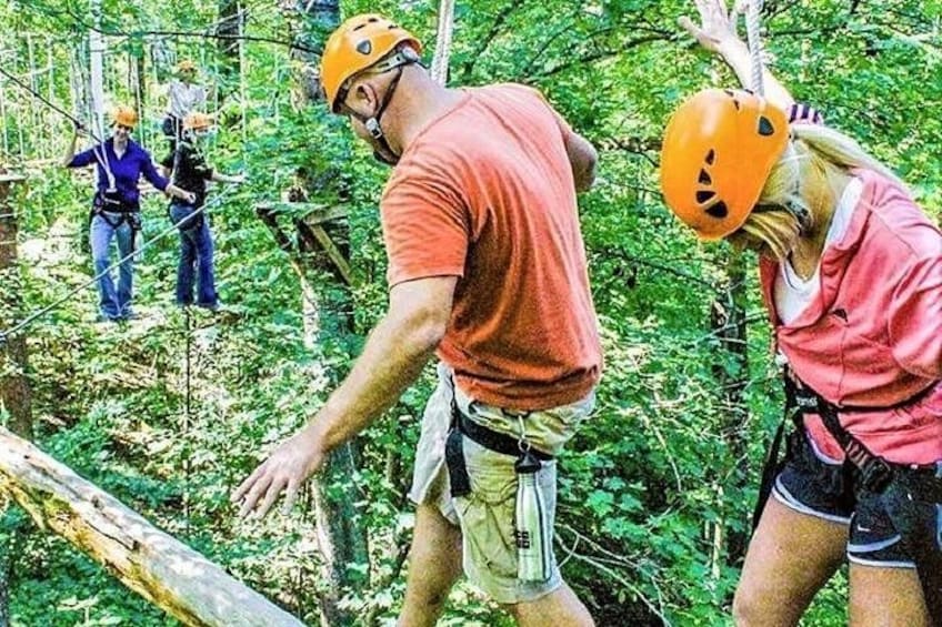 People in a forested area with ropes and helmets, suggesting an outdoor activity like zip-lining or rappelling. 1