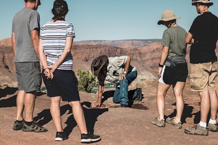 A group of people standing on a rocky terrain with a canyon in the background. 5