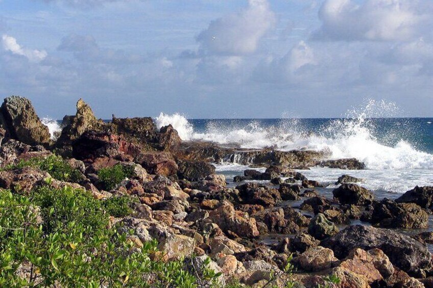 A rocky coastline with waves crashing against the rocks and the ocean in the background. 1