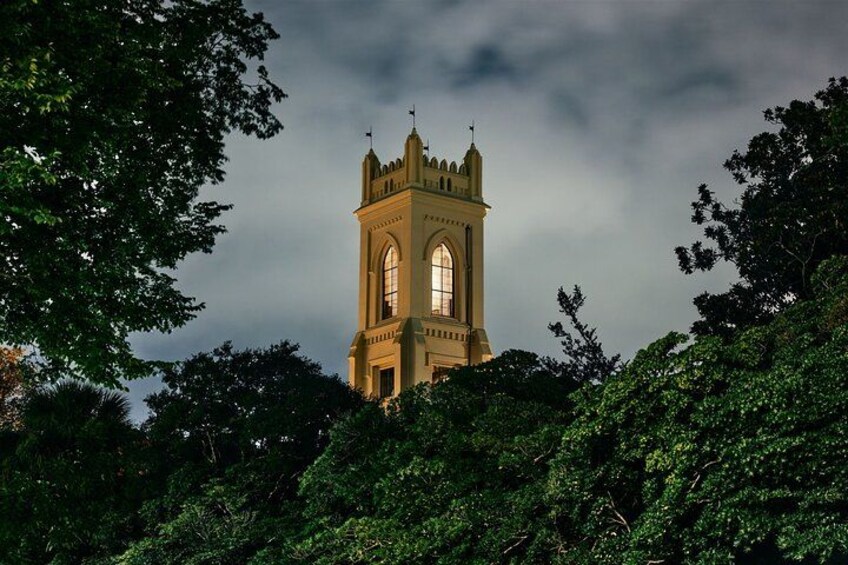 A tower with arched windows and a clock, surrounded by dense foliage. 4