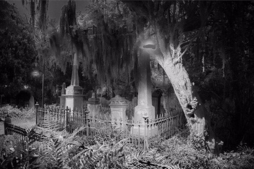 A cemetery with tombstones, a fence, and trees. 3