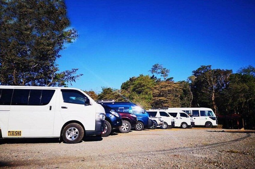 A line of vehicles parked on a gravel surface with trees in the background. 1