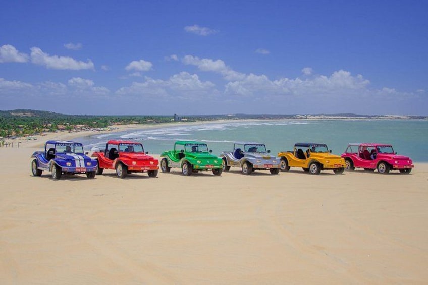 A row of colorful cars parked on a beach with a clear sky and ocean in the background. 4
