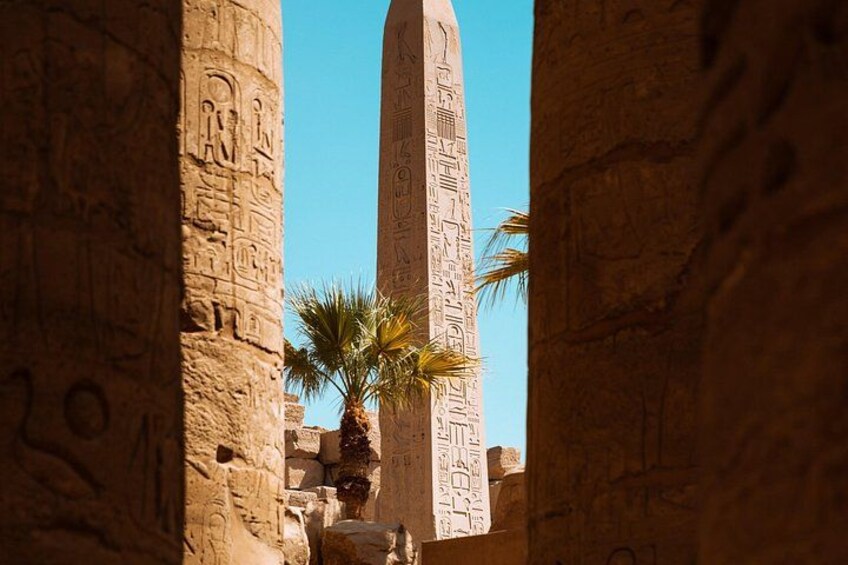 Ancient Egyptian columns with hieroglyphs, palm trees, and a clear blue sky. 4