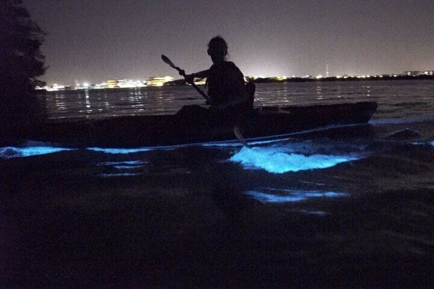 Una persona fa kayak di notte con luci blu sull'acqua. 5