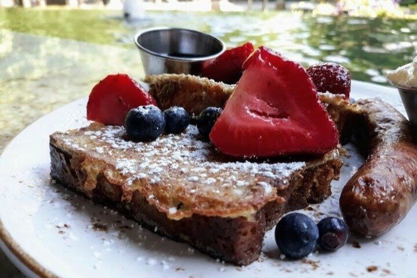 Delicious breakfast on a sunny Saturday morning on the terrace