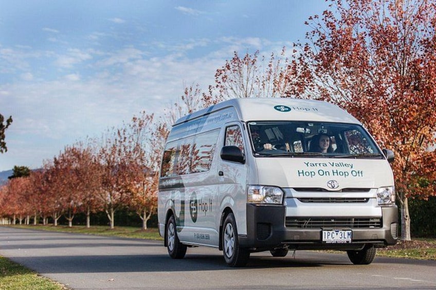 A white van with 'Yarra Valley Hop On Hop Off' on the front, driving on a road with autumn trees in the background. 5