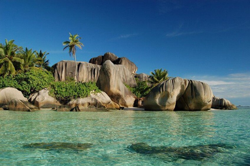 A tropical beach with large boulders, palm trees, and clear turquoise water. 1
