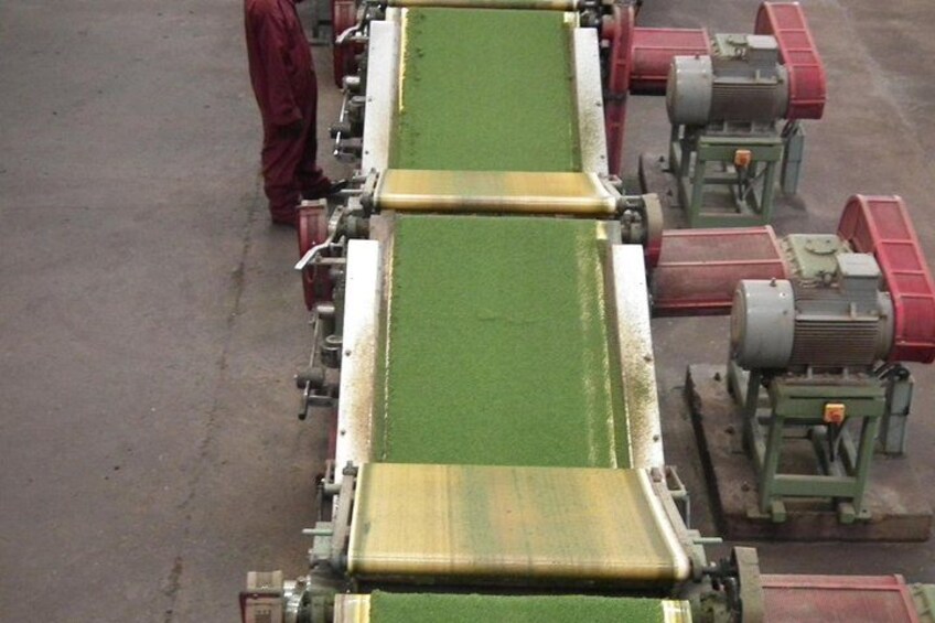 A large industrial machine with green belts and red components. 4