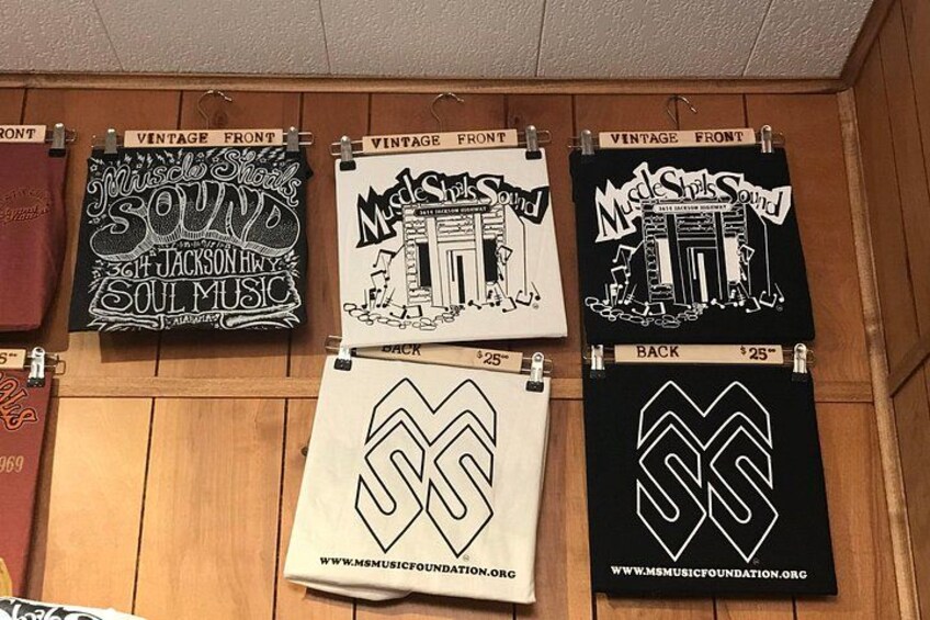 Vintage front and back t-shirts with 'Muscle Shoals Sound' and 'Soul Music' designs, and a white t-shirt with a large 'SS' logo. 2