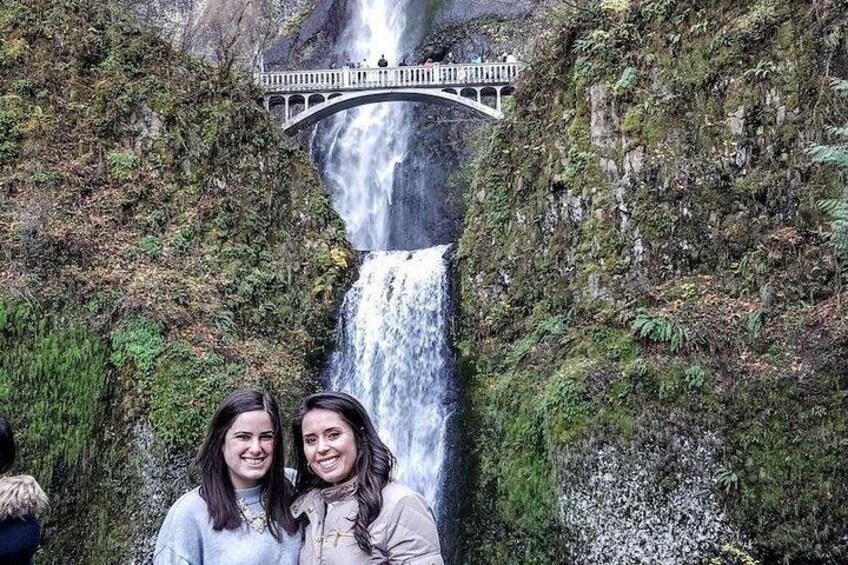 Una cascata con un ponte, immersa nel verde. 1