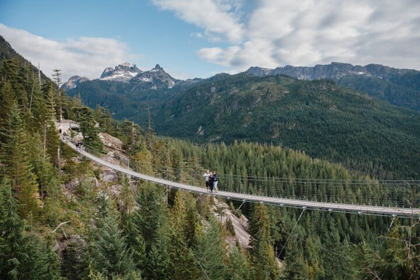 Un puente colgante en una zona montañosa y boscosa, con una persona caminando sobre él. 3