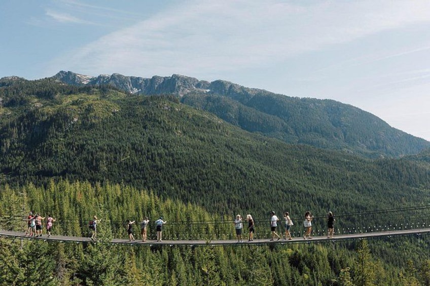 Un puente colgante con personas caminando, rodeado de un bosque denso y montañas. 2