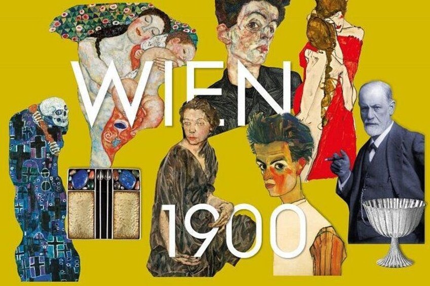 Un collage de diversas obras de arte y figuras, con el texto 'WIEN 1900' exhibido en relieve. 2