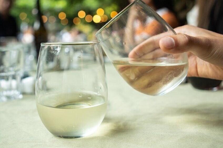 A hand pouring a clear liquid into a glass. 2