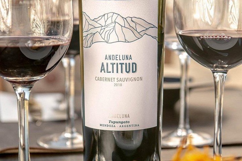 A bottle of Andeluna Altitud Cabernet Sauvignon 2018 with a mountain design on the label, placed in front of wine glasses. 4