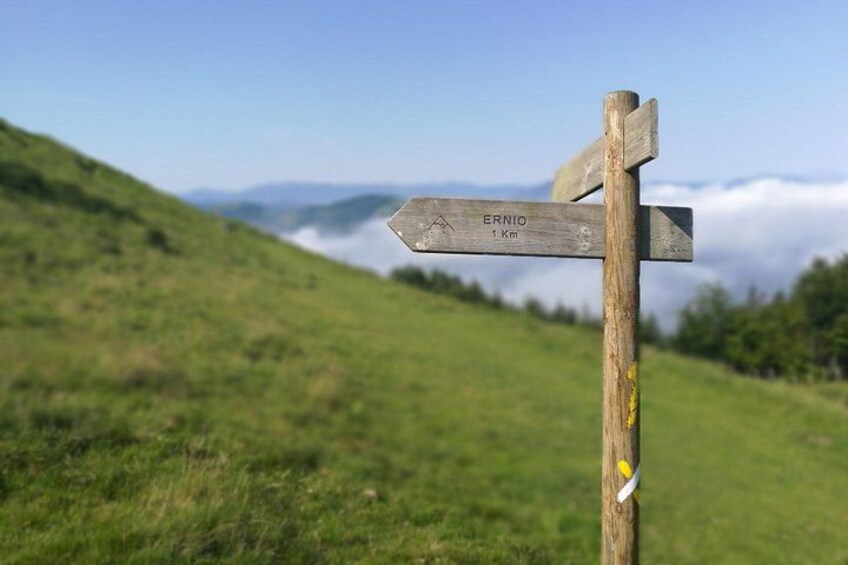 A wooden signpost with 'ERNIO 1 km' and a mountain symbol. 3