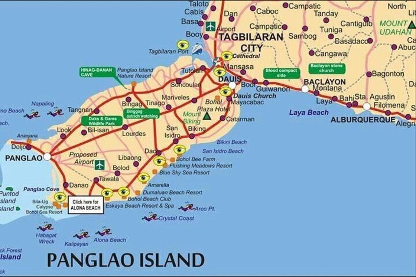 A map of Panglao Island highlighting Tagbilaran City, Panglao Island, and Alibao Beach. 2