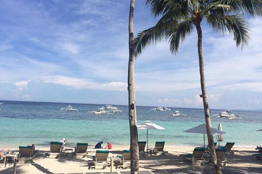 A beach with palm trees, lounge chairs, and boats in the water. 1