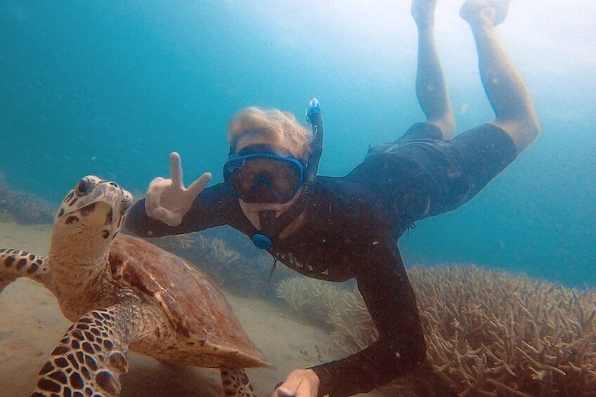 Une personne qui fait de la plongée sous-marine en compagnie d’une tortue de mer. 2