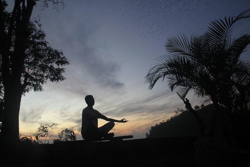 La silhouette d’une personne en position méditative, un palmier et un ciel au coucher du soleil. 4