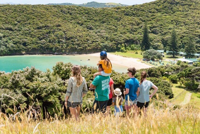 Un grupo de personas caminan por una colina cubierta de hierba con vistas a una playa y una zona boscosa. 3