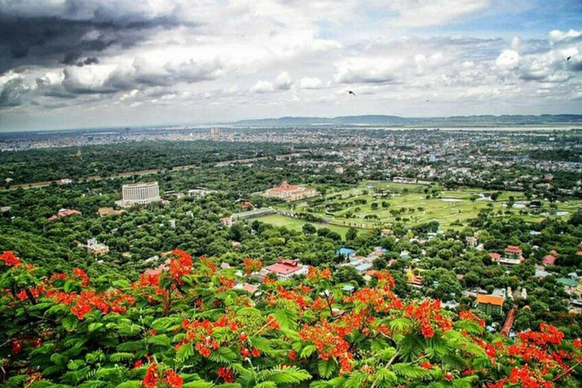 Un paisaje urbano con un edificio grande, parques verdes y flores rojas en primer plano. 3