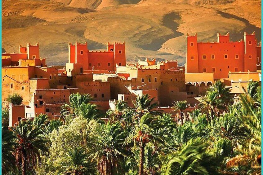 A desert town with traditional architecture and palm trees. 5