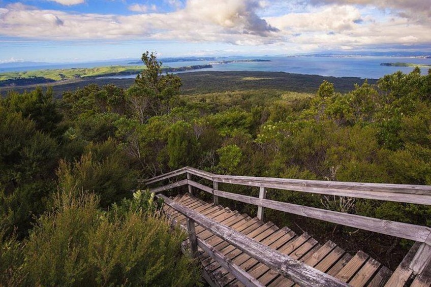 A wooden staircase leading up a hill, surrounded by dense green vegetation and overlooking a distant landscape with water bodies. 4