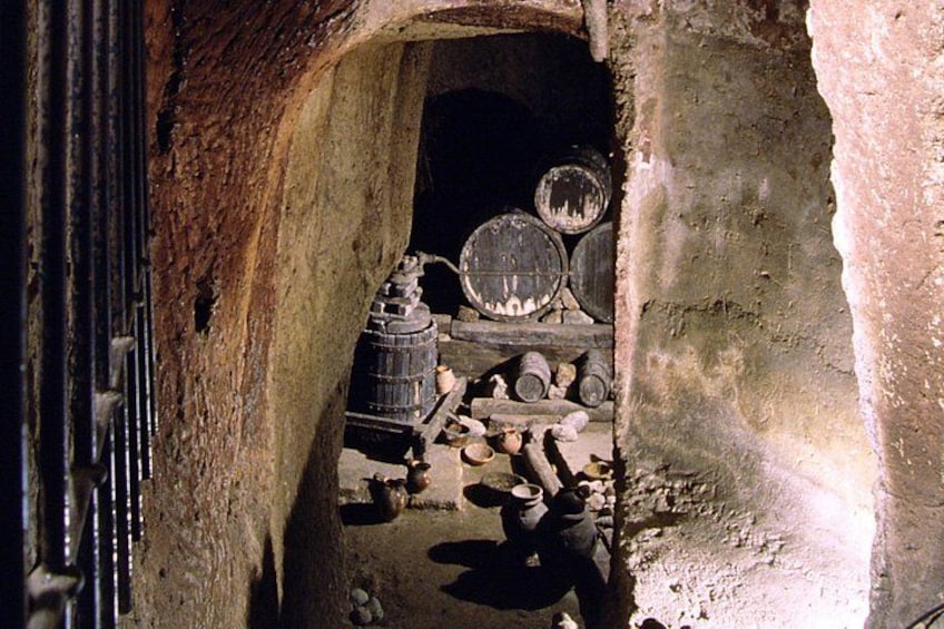 An underground passage with wooden barrels and barrels stacked against the wall. 3