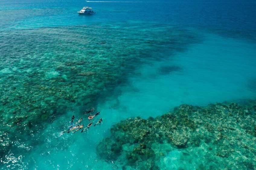 A group of snorkelers in clear turquoise water with a boat in the distance. 3