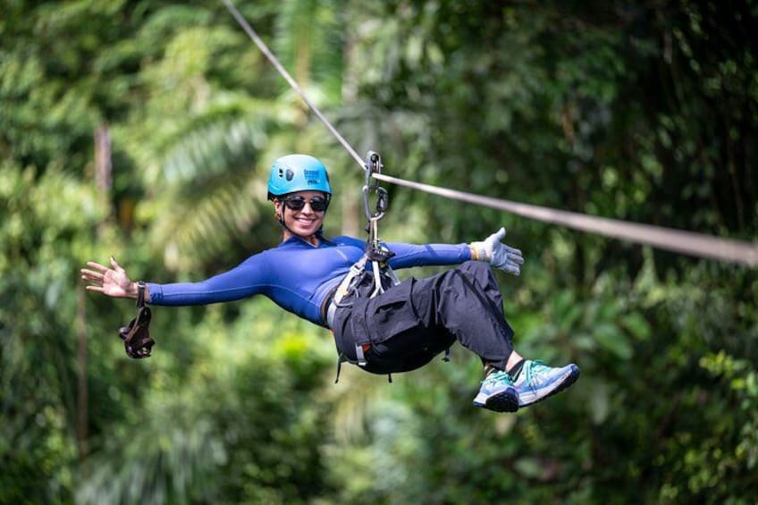 A person zip-lining through a forest. 3