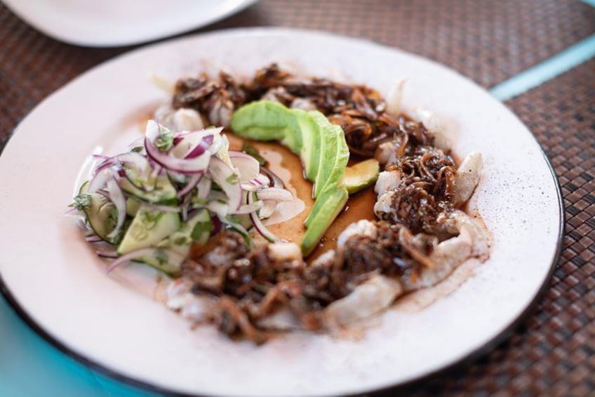 A plate of food with shredded meat, avocado, and a side salad. 2